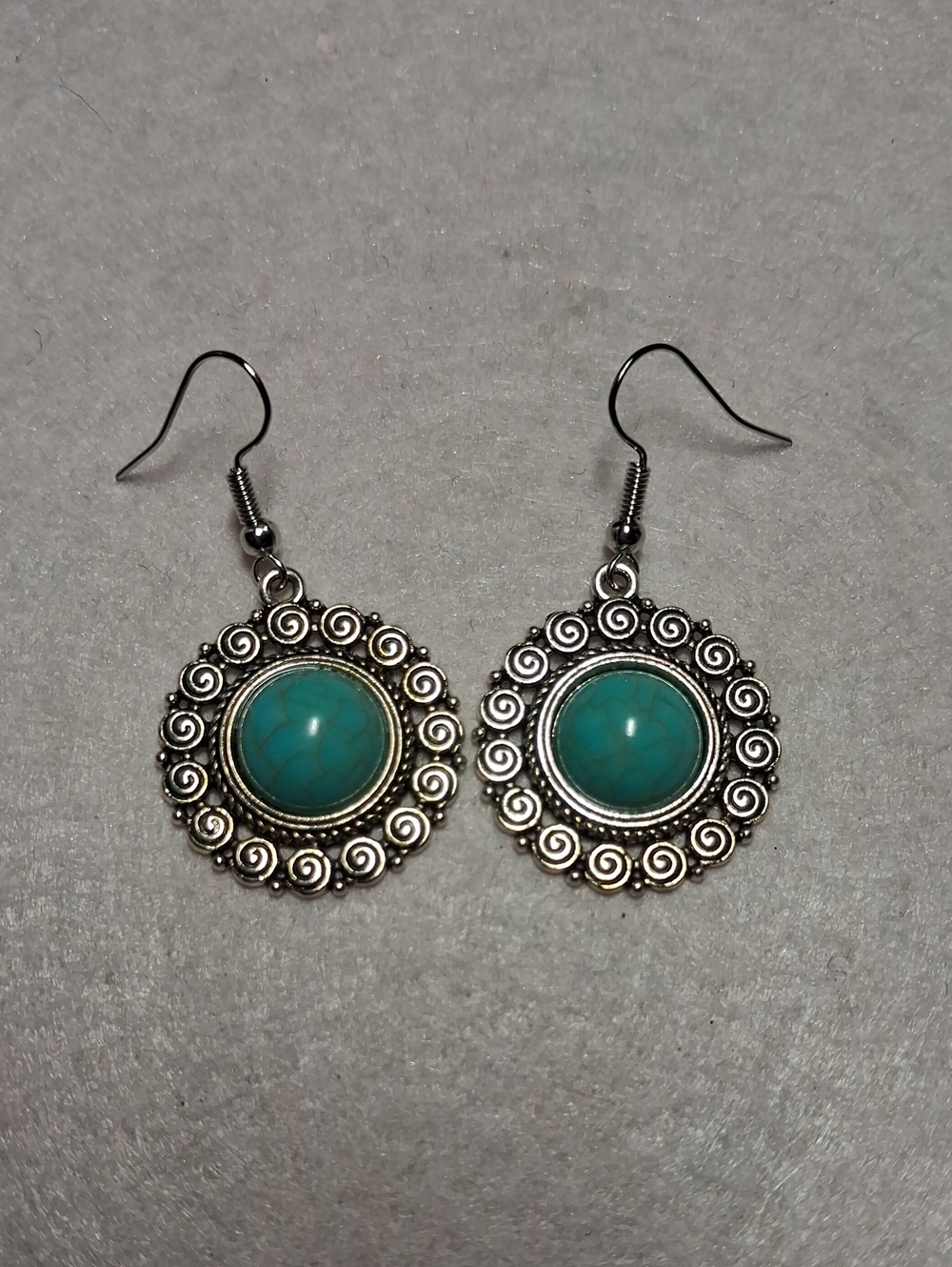 266- Silvertone Faux Turquoise Drop Earrings - Boho Silver Accent